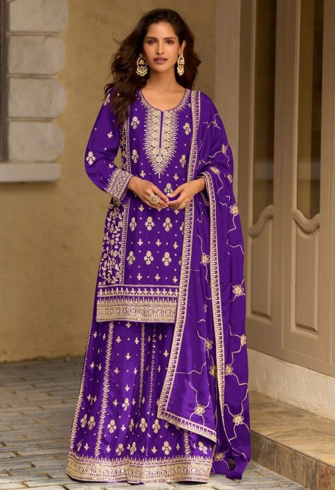 Urbane Purple Chinon Palazzo Salwar Suit with Embroidered, Sequins and Thread Work